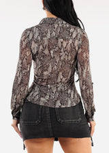 Mesh Ruched Long Sleeve Snake Print Blouse