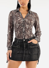 Mesh Ruched Long Sleeve Snake Print Blouse