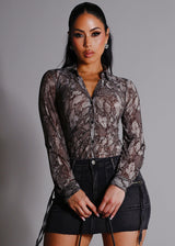 Mesh Ruched Long Sleeve Snake Print Blouse