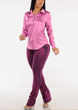 Long Sleeve Button Down Stretch Satin Blouse Pink