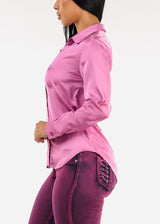 Long Sleeve Button Down Stretch Satin Blouse Pink
