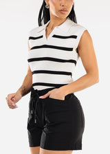 Sleeveless Stripe Polo Shirt White & Black