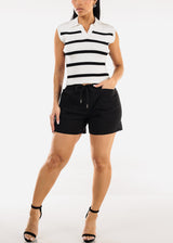 Sleeveless Stripe Polo Shirt White & Black