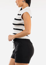 Sleeveless Stripe Polo Shirt White & Black
