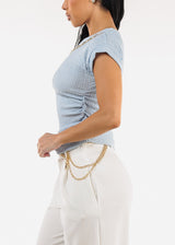 Stretchy Short Sleeve Ruched Blouse Light Blue w Necklace