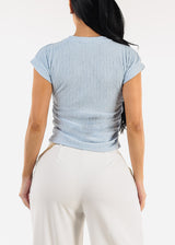Stretchy Short Sleeve Ruched Blouse Light Blue w Necklace