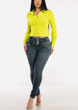 Long Sleeve Button Up Cropped Collared Blouse Lime