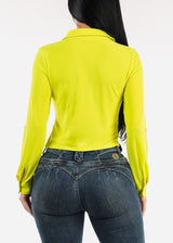 Long Sleeve Button Up Cropped Collared Blouse Lime