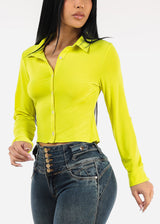 Long Sleeve Button Up Cropped Collared Blouse Lime