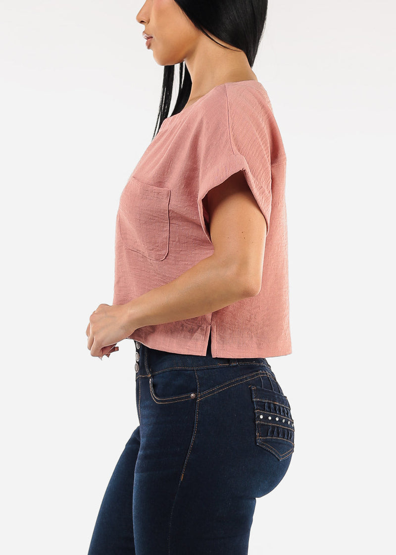 Short Dolman Sleeve Round Neck Linen Crop Top Rose