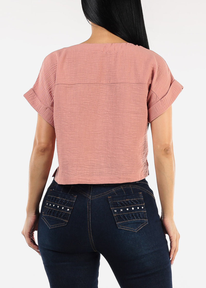 Short Dolman Sleeve Round Neck Linen Crop Top Rose
