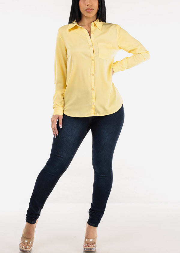 Long Sleeve Button Down Twill Collared Blouse Yellow