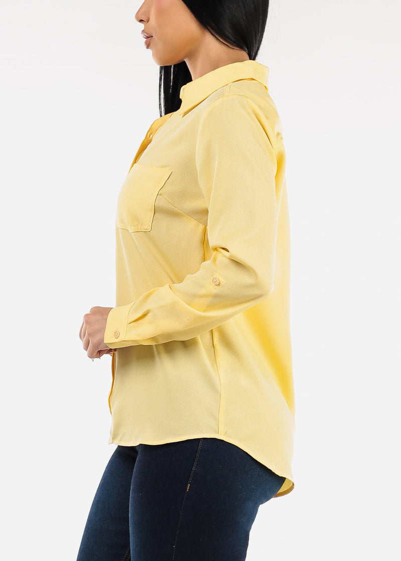 Long Sleeve Button Down Twill Collared Blouse Yellow