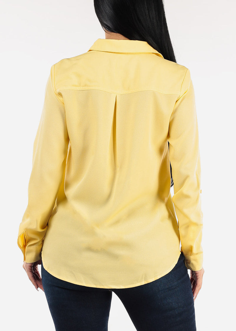 Long Sleeve Button Down Twill Collared Blouse Yellow