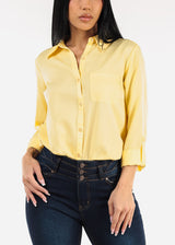 Long Sleeve Button Down Twill Collared Blouse Yellow