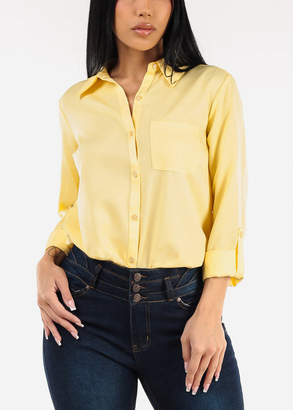 Long Sleeve Button Down Twill Collared Blouse Yellow