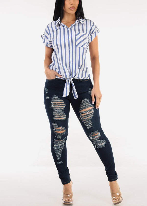 Short Sleeve Button Up Tie Front Stripe Blouse Navy