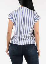 Short Sleeve Button Up Tie Front Stripe Blouse Navy