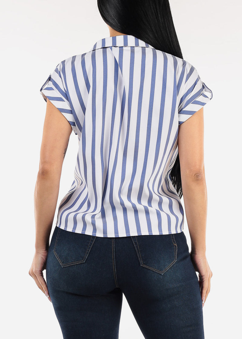 Short Sleeve Button Up Tie Front Stripe Blouse Navy