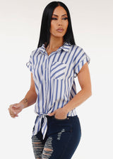 Short Sleeve Button Up Tie Front Stripe Blouse Navy