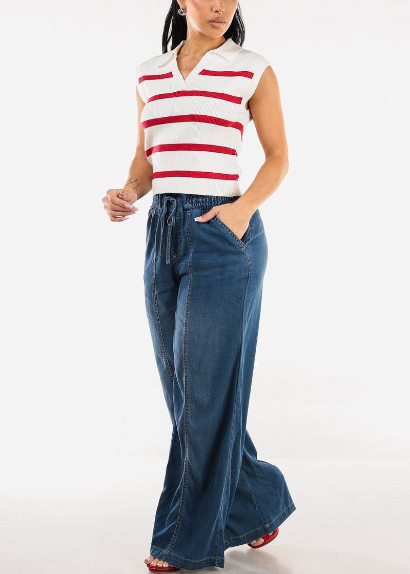 Sleeveless Stripe Polo Shirt White & Red