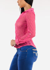Long Sleeve Button Up Collared Mesh Blouse Hot Pink
