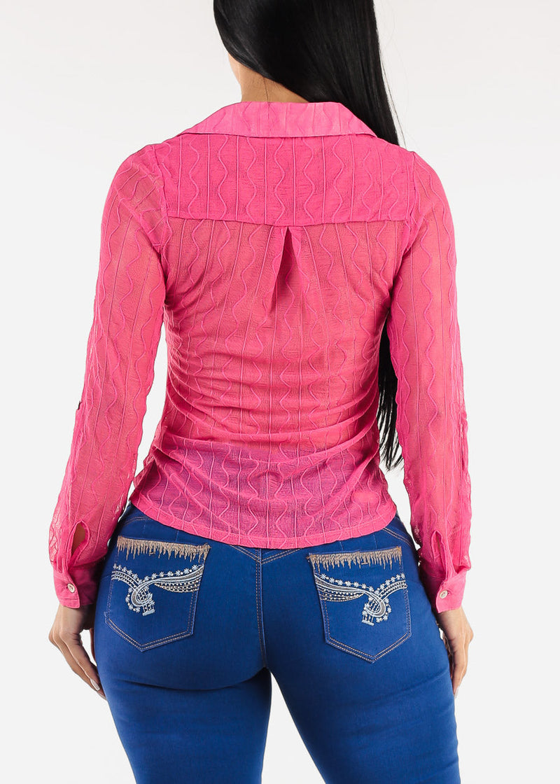 Long Sleeve Button Up Collared Mesh Blouse Hot Pink