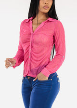 Long Sleeve Button Up Collared Mesh Blouse Hot Pink