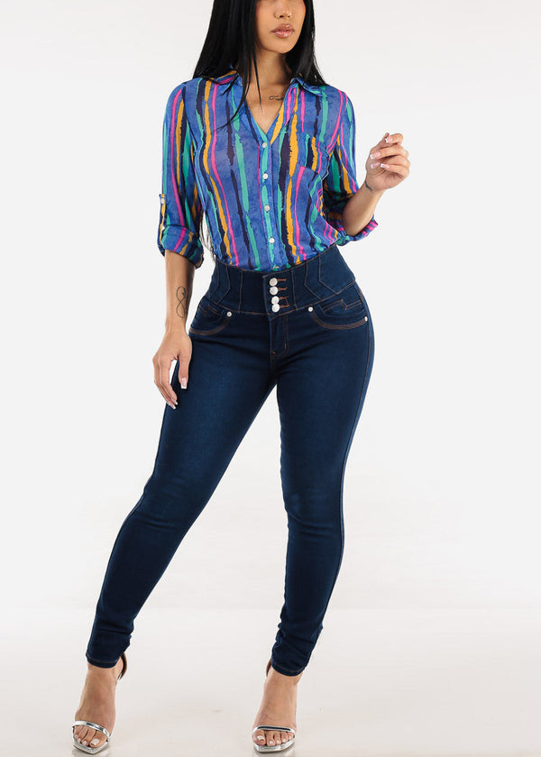 Long Sleeve Mesh Printed Collared Blouse Blue