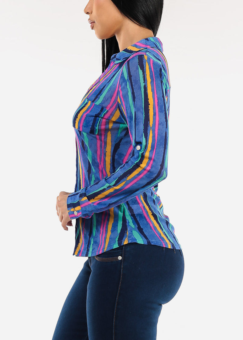 Long Sleeve Mesh Printed Collared Blouse Blue