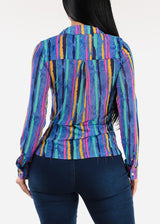 Long Sleeve Mesh Printed Collared Blouse Blue