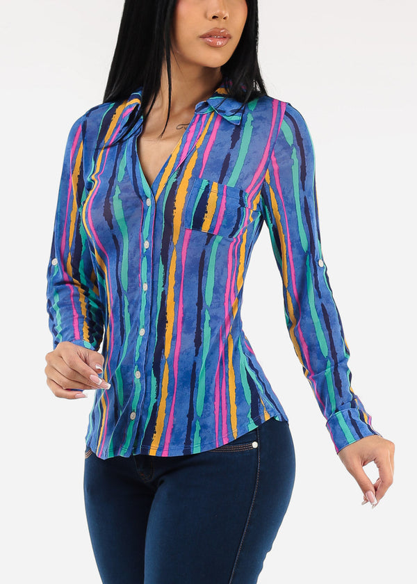 Long Sleeve Mesh Printed Collared Blouse Blue