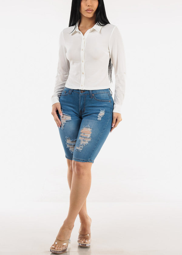 Long Sleeve Button Up Cropped Collared Blouse White