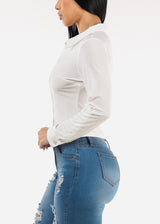 Long Sleeve Button Up Cropped Collared Blouse White