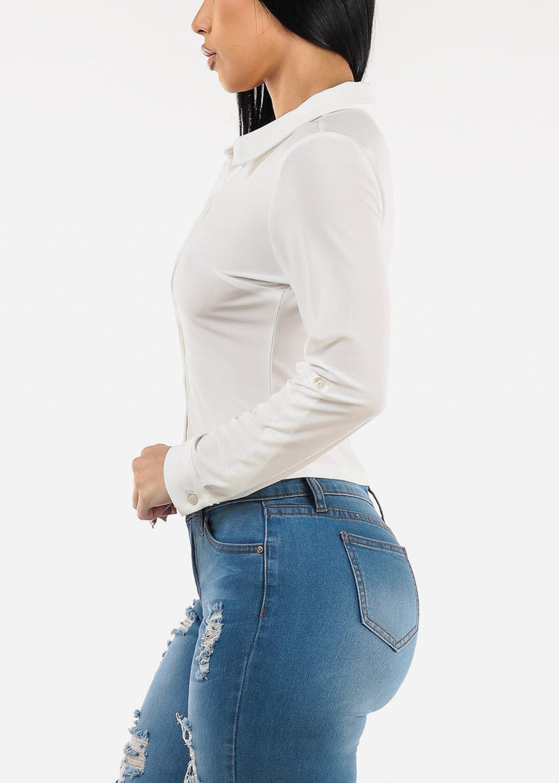 Long Sleeve Button Up Cropped Collared Blouse White