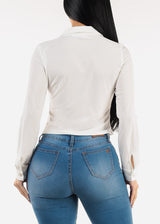 Long Sleeve Button Up Cropped Collared Blouse White