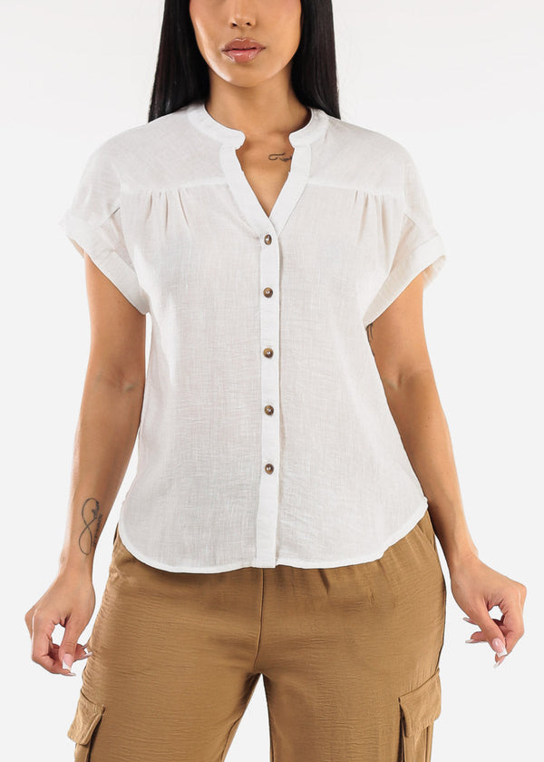 Short Sleeve Button Up Linen Blouse White