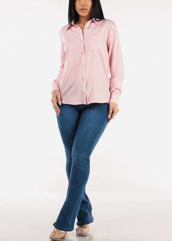 Long Sleeve Button Down Twill Collared Blouse Light Pink