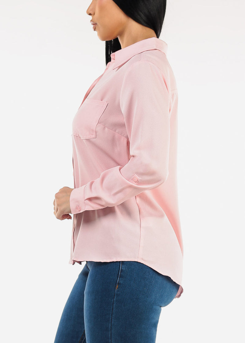 Long Sleeve Button Down Twill Collared Blouse Light Pink