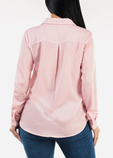 Long Sleeve Button Down Twill Collared Blouse Light Pink