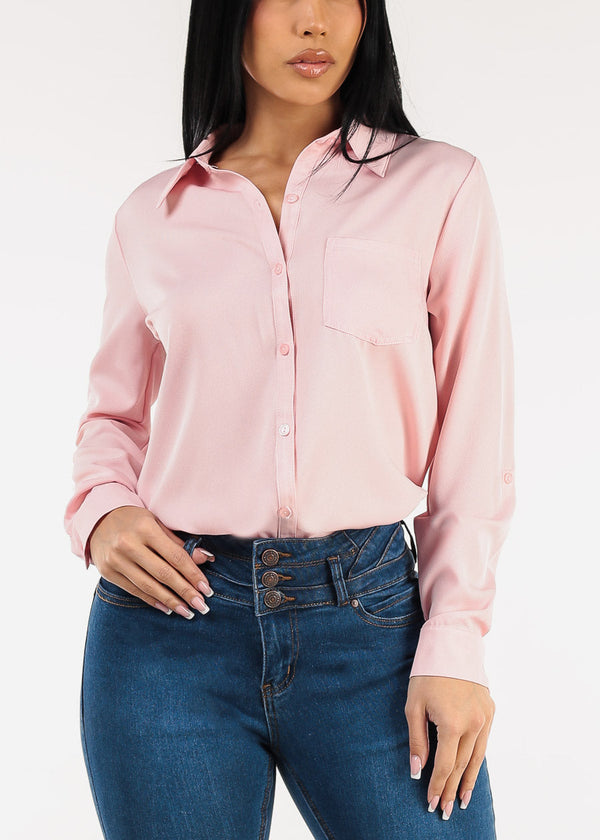 Long Sleeve Button Down Twill Collared Blouse Light Pink