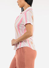Short Sleeve Button Up Stripe Blouse Pink & Blush
