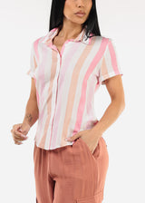 Short Sleeve Button Up Stripe Blouse Pink & Blush