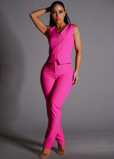 Sleeveless Vneck Button Up Dressy Vest Hot Pink