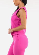 Sleeveless Vneck Button Up Dressy Vest Hot Pink