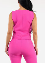 Sleeveless Vneck Button Up Dressy Vest Hot Pink