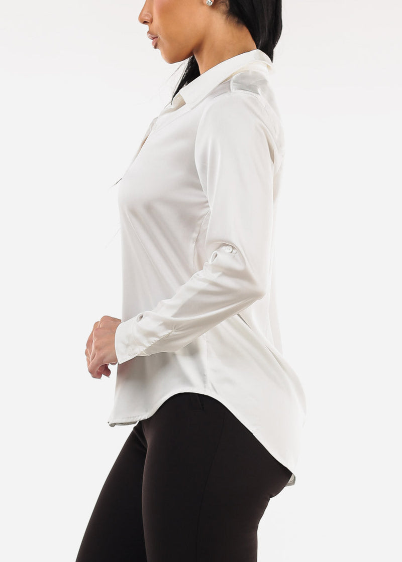 Long Sleeve Button Down Satin Blouse Ivory