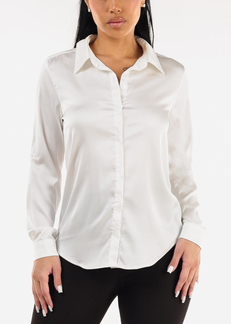 Long Sleeve Button Down Satin Blouse Ivory
