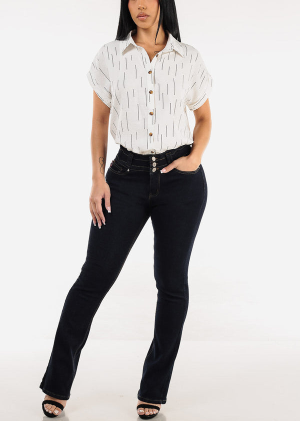Short Sleeve Button Down Printed Collared Blouse Ivory