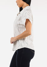 Short Sleeve Button Down Printed Collared Blouse Ivory